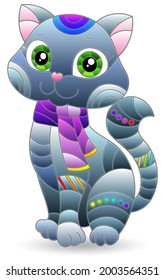 An illustration in the style of a stained glass window with a cute cartoon cat, the animal is isolated on a white background