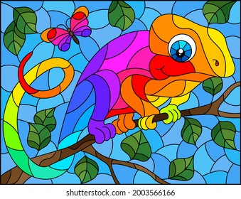 An illustration in the style of a stained glass window with a bright cartoon chameleon on a tree branch on a blue background, a rectangular image