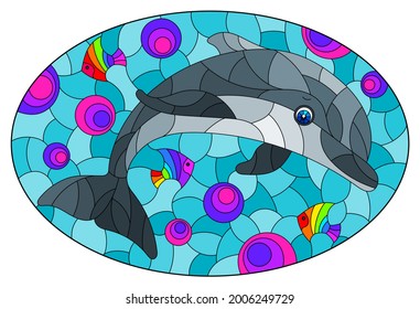 An illustration in the style of a stained glass window with a cute cartoon dolphin on a water background, a oval image