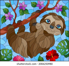 An illustration in the style of a stained glass window with a cute cartoon sloth, on a tree branch, a rectangular image