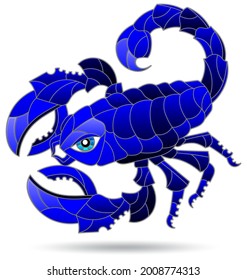 An illustration in the style of a stained glass window with a bright abstract scorpion, an animal isolated on a white background