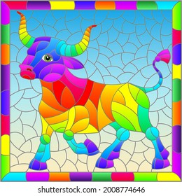 An illustration in the style of a stained glass window with an abstract rainbow bull in a bright frame, a rectangular image