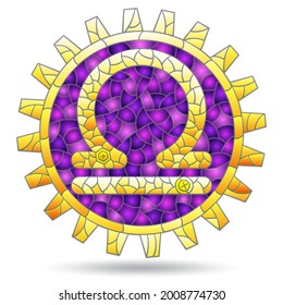 An illustration in the style of a stained glass window with the zodiac sign Libra, a figure isolated on a white background