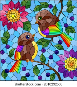 An illustration in the style of a stained glass window with a pair of abstract birds sitting on tree branches and flowers against a blue sky background