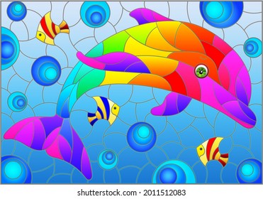 An illustration in the style of a stained glass window with a cute cartoon dolphin on a water background, a rectangular image