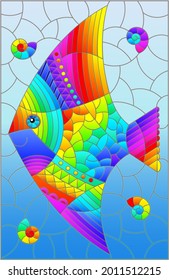 Illustration in the style of a stained glass window with a bright rainbow fish scalar on a background of blue water, rectangular image