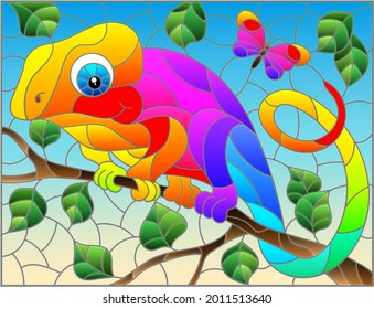 An illustration in the style of a stained glass window with a bright cartoon chameleon on a tree branch on a blue background, a rectangular image