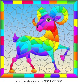 An illustration in the style of a stained glass window with an abstract rainbow ram in a bright frame, a rectangular image