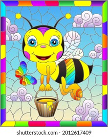 An illustration in the style of a stained glass window with a cute cartoon bee on a blue sky background, a rectangular image in a bright frame