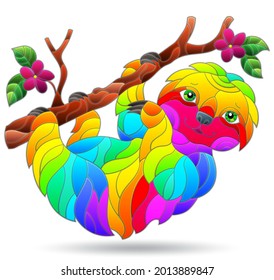 An illustration in the style of a stained glass window with a bright cartoon sloth, an animal isolated on a white background