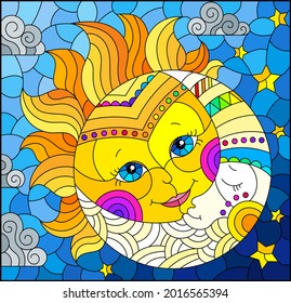 Illustration in the style of a stained glass window with a cute sun and moon on a blue sky background, rectangular image