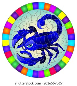 An illustration in the style of a stained glass window with a bright blue scorpion, a oval image in a bright frame