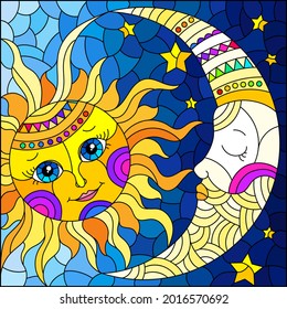 Illustration in the style of a stained glass window with a cute sun and moon on a blue sky background, rectangular image