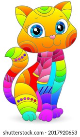 An illustration in the style of a stained glass window with a cute cartoon cat, the animal is isolated on a white background