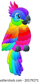 An illustration in the style of a stained glass window with a bright cartoon parrot, the animal is isolated on a white background