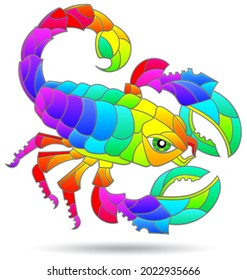 An illustration in the style of a stained glass window with a bright abstract scorpion, an animal isolated on a white background