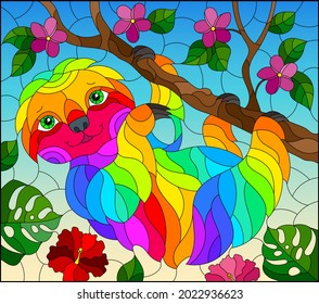 An illustration in the style of a stained glass window with a cute cartoon sloth, on a tree branch, a rectangular image