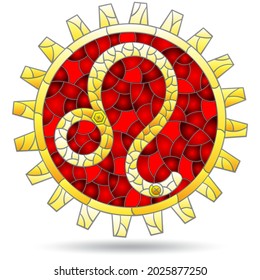 Illustration in the style of a stained glass window with the zodiac sign leo, the sign is isolated on a white background