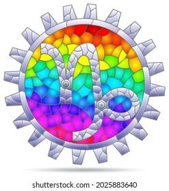Illustration in the style of a stained glass window with the zodiac sign Capricorn, the symbol is isolated on a white background