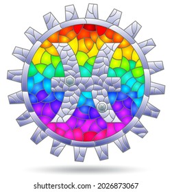 Illustration in the style of a stained glass window with the zodiac sign of pisces, the symbol is isolated on a white background