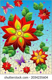 An illustration in the style of a stained glass window with bright red flowers on a blue background, a rectangular image