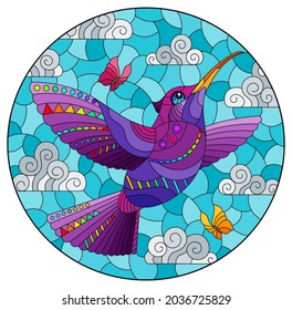 An illustration in the style of a stained glass window with a bright cartoon hummingbird bird on a background of blue sky and clouds, oval image