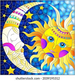 Illustration in the style of a stained glass window with a cute sun and moon on a blue sky background, rectangular image