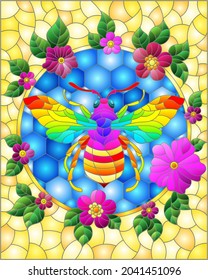 Illustration in the style of a stained glass window with a bee in a circle on a background of honeycombs and bright flowers, rectangular image