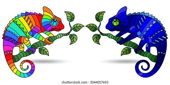 An illustration in the style of a stained glass window with bright chameleons, bright animals isolated on a white background
