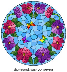 Illustration in the style of a stained glass window with a flower wreath and butterflies, round image