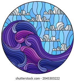 Illustration in the style of a stained glass window with a seascape, waves, and a cloudy sky, round image