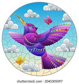 An illustration in the style of a stained glass window with a bright cartoon hummingbird bird on a background of blue sky and clouds, oval image