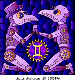 Illustration in the style of a stained glass window with an illustration of the steam punk sign of the Gemini horoscope