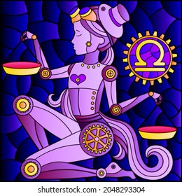 Illustration in the style of a stained glass window with an illustration of the steam punk sign of the horoscope Libra