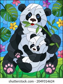 An illustration in the style of a stained glass window with a panda with a bear cub on a background of leaves, flowers and a blue sky