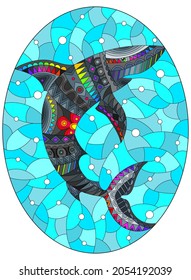An illustration in the style of a stained glass window with an abstract  shark on a background of water and air bubbles