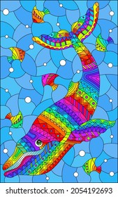 An illustration in the style of a stained glass window with an abstract rainbow whale on a background of water and air bubbles