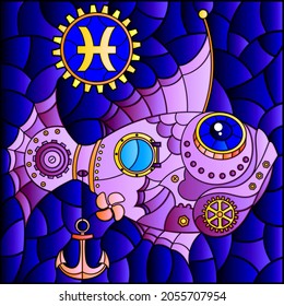 Illustration in the style of a stained glass window with an illustration of the steam punk sign of the horoscope pisces, tone blue