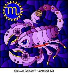 Illustration in the style of a stained glass window with an illustration of the steam punk sign of the horoscope scorpio, tone blue