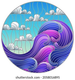 Illustration in the style of a stained glass window with a seascape, waves, and a cloudy sky, round image
