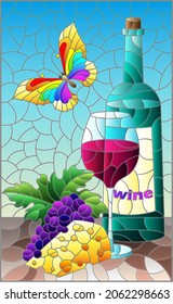 An illustration in the style of a stained glass window with a still life with a bottle of wine, cheese and grapes, a still life on a blue background, a rectangular image