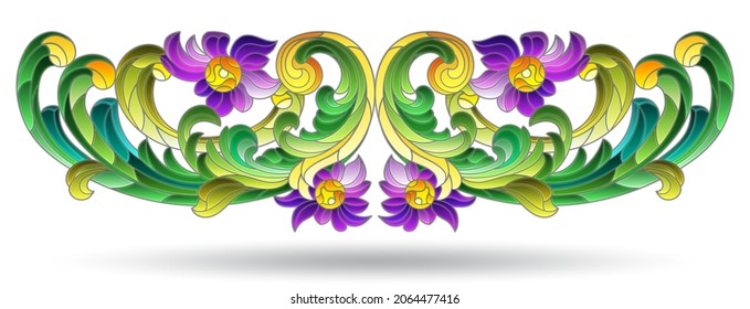 Illustration in the style of a stained glass window with an abstract floral element, the composition is isolated on a white background