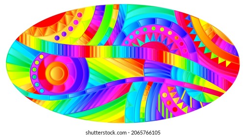 An illustration in the style of a stained glass window with an abstract background, a bright rainbow pattern, an oval image