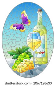 An illustration in the style of a stained glass window with a still life with a bottle of wine, cheese and grapes, a still life on a blue background, a oval image