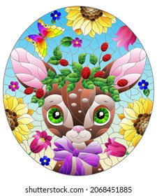 An illustration in the style of a stained glass window with a cute cartoon fawn on a background of leaves, flowers and the sky, oval image 