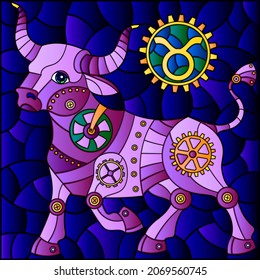 Illustration in the style of a stained glass window with an illustration of the steam punk sign of the horoscope Taurus, tone brown