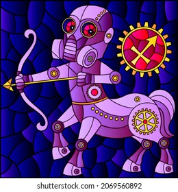 Illustration in the style of a stained glass window with an illustration of the steam punk sign of the horoscope Sagittarius, tone blue