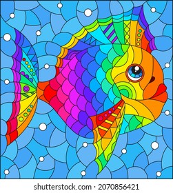 Illustration in the style of a stained glass window with a bright rainbow fish scalar on a background of blue water, rectangular image