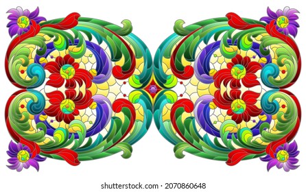 Illustration in the style of a stained glass window with an abstract floral element, the composition is isolated on a white background