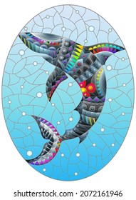 An illustration in the style of a stained glass window with an abstract  shark on a background of water and air bubbles
